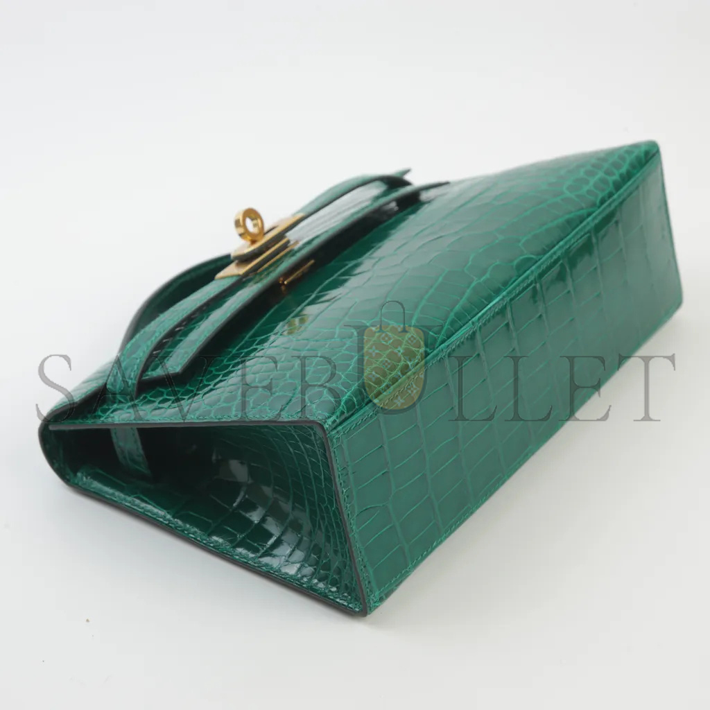 HERMÈS MASTER KELLY POCHETTE VERT EMERAUDE CROCODILE LEATHER GOLD BUCKLE (22*14*7cm)